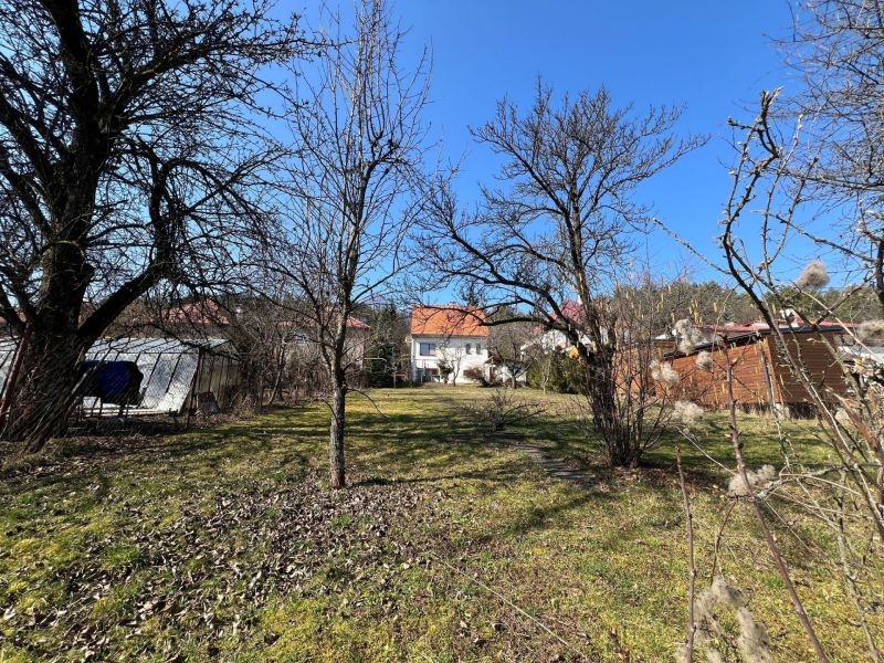 A garden in the Banská Bystrica district around a family house with a lawn and trees.