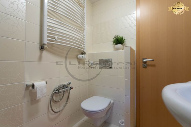 Bathroom with ceramic tiles, toilet, and heating ladder in a family house.