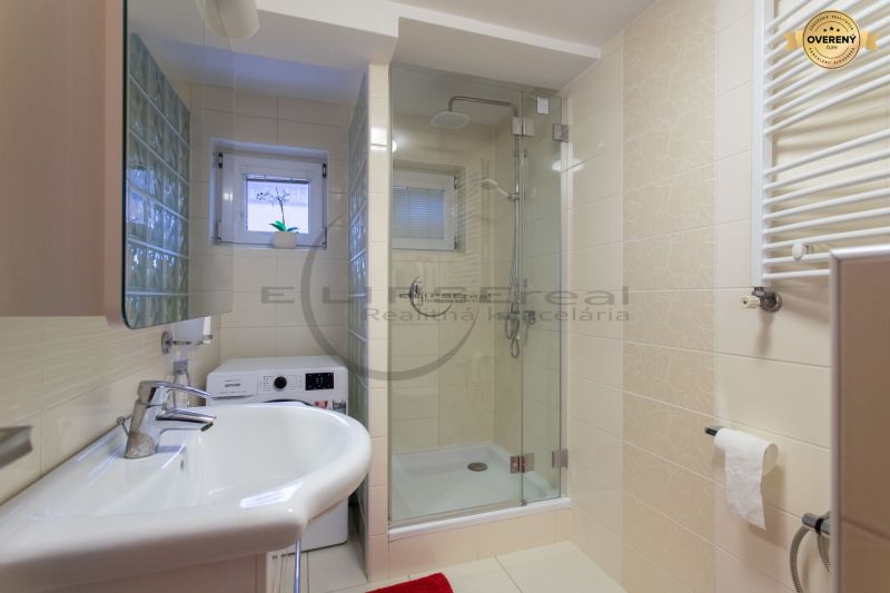Bathroom with toilet, shower, and washing machine in a family house.