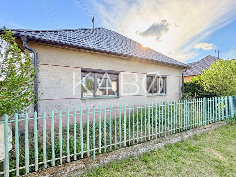 A family house in Šoporňa with two windows and a metal fence.
