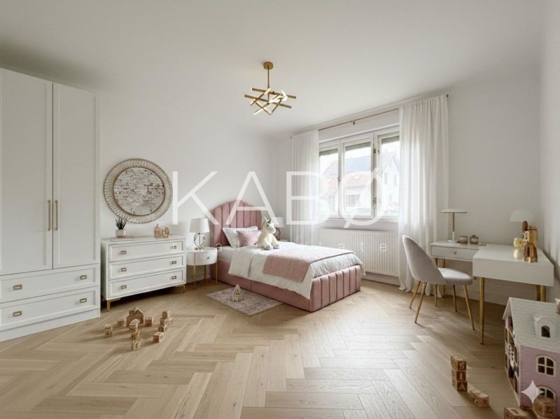 Children's room with wood decor flooring, pink bed, and toys in a family house.