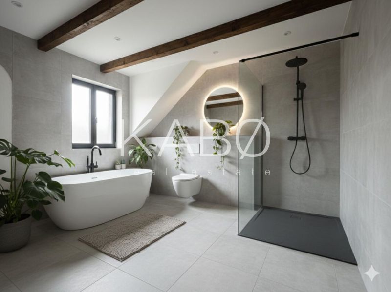 A bathroom in a family house with a bathtub, shower, plants, and wooden beams on the ceiling.