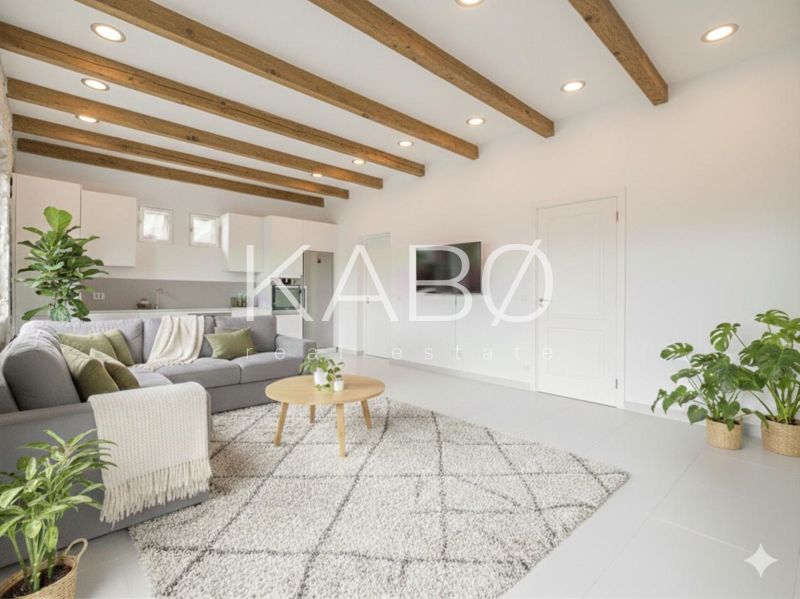 Living room in a family house with a beamed ceiling, sofa, and plants, floor with wooden decor.