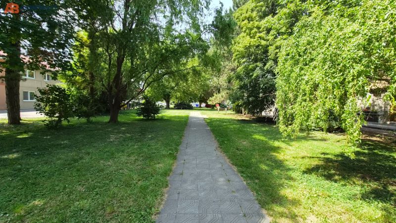 A sidewalk surrounded by greenery on J. Emanuela Street in the town of Vrbové, next to a 2-room apartment.