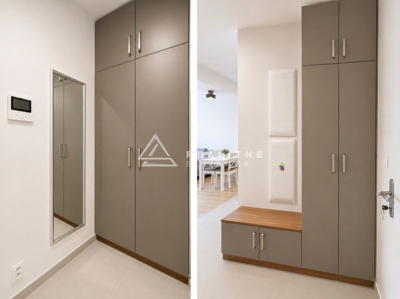 Built-in wardrobe and mirror in the hallway of a 2-room apartment with a wooden decor floor.
