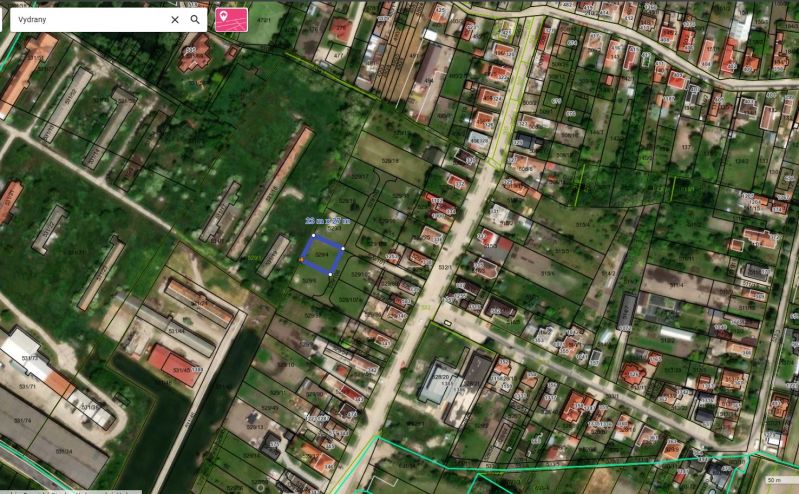 Aerial map of residential plots in Vydrany, including parcel numbers and buildings.