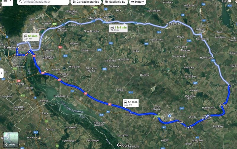 The map shows the route by car between Bratislava and Kráľový Brod, suitable for Residential Land.
