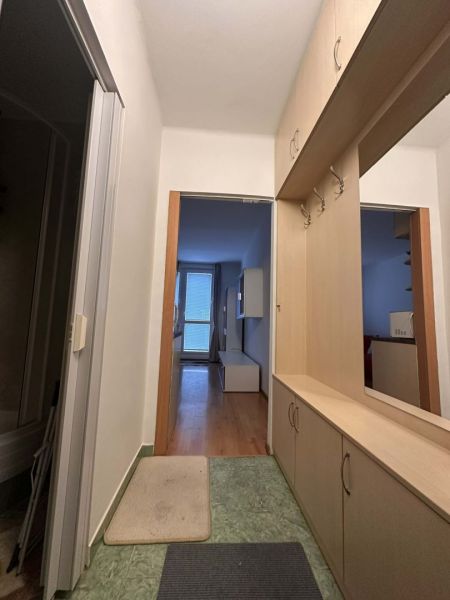 A hallway in a vacation apartment with a cabinet and a wooden decor floor.