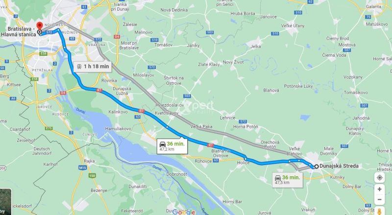 The map shows the route from Dunajská Streda to Bratislava by car in 36 minutes.