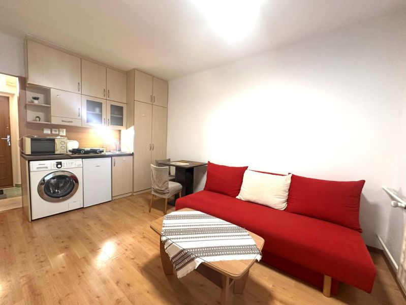 Recreational apartment with a red sofa, kitchenette, and wooden decor flooring.