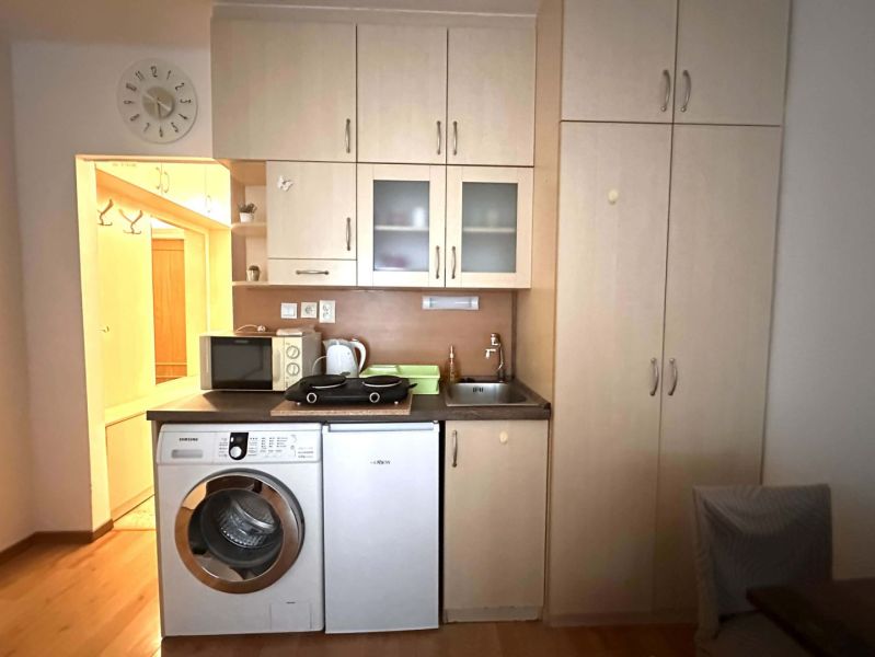 A kitchen in a holiday apartment with a kitchenette and a washing machine, floor with wooden decor.