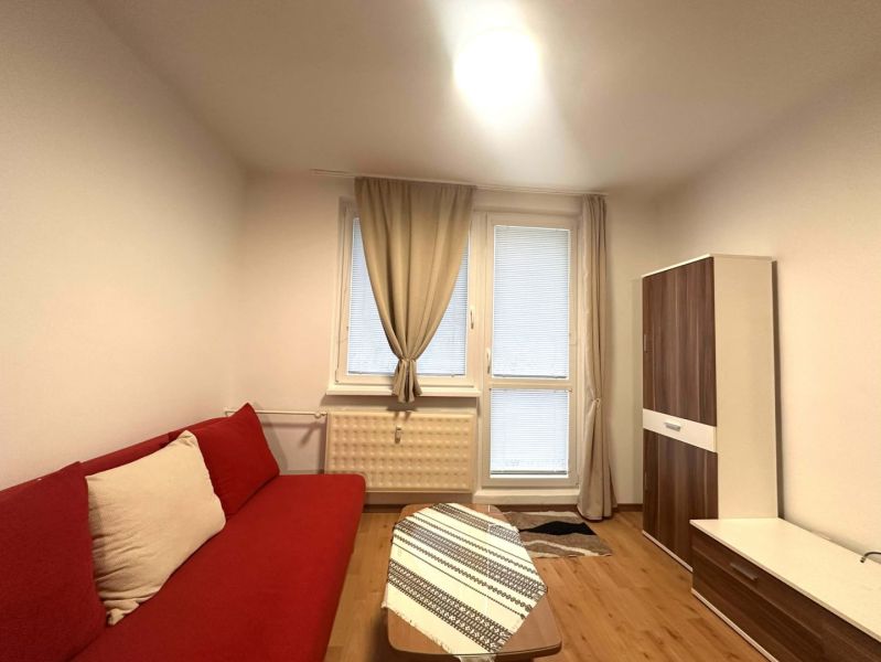 Recreational apartment with a red sofa, wooden floor decor, and a wardrobe with wood decor.