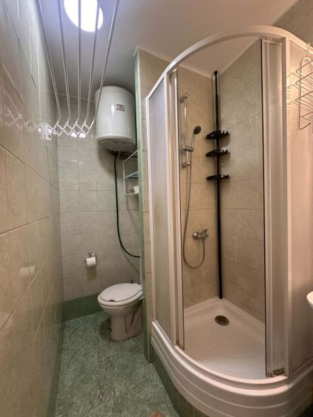 Bathroom with toilet and shower in a holiday apartment.