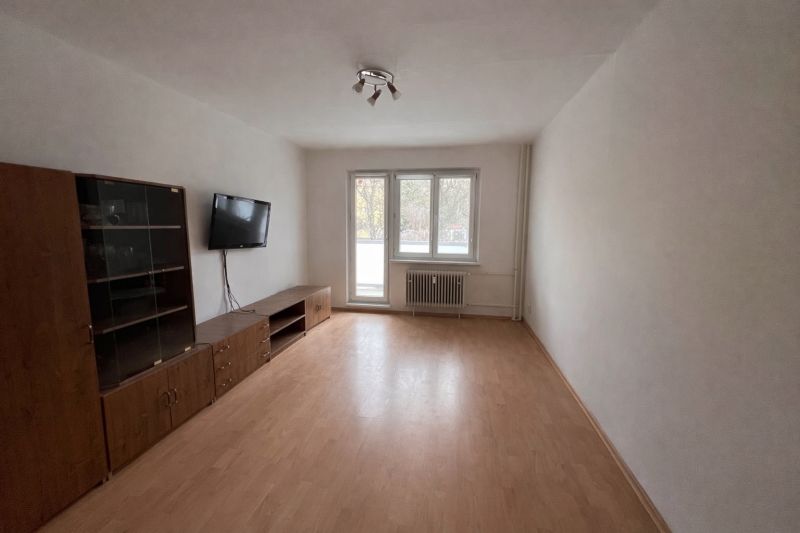 Living room in a two-room apartment with a wooden decor floor and a television on the wall.