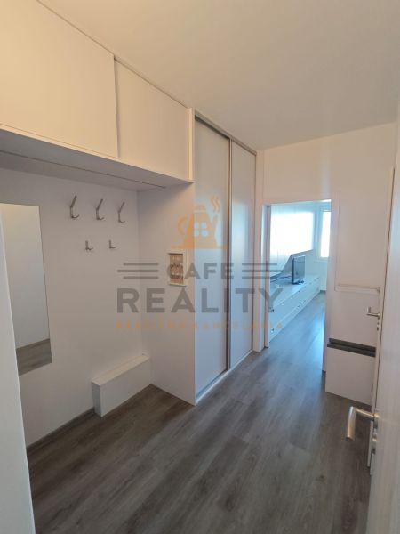 Entrance hall of a one-room apartment with a built-in wardrobe and a floor with a wooden decor.