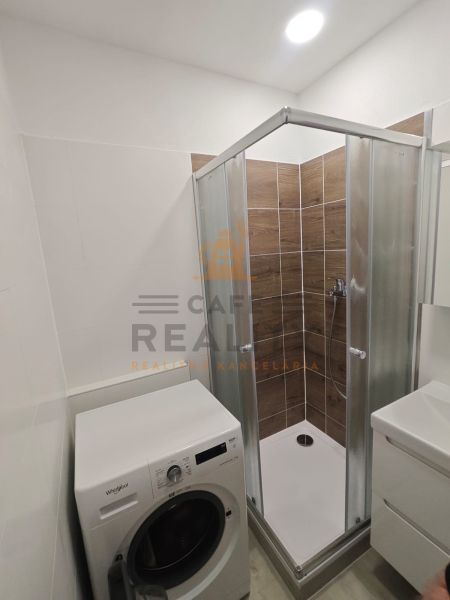 A bathroom with a shower and a washing machine in a studio apartment.