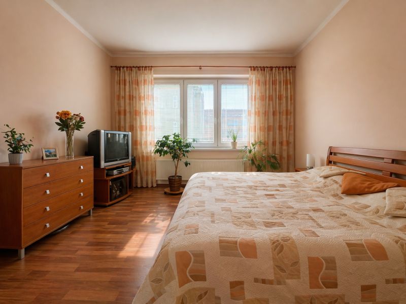A bedroom in a 4-room apartment with a wood-patterned floor and soft lighting.
