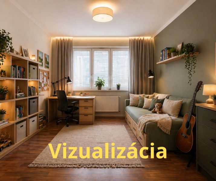 A room with a wooden floor decor, a sofa, a desk, and plants in a 4-room apartment.
