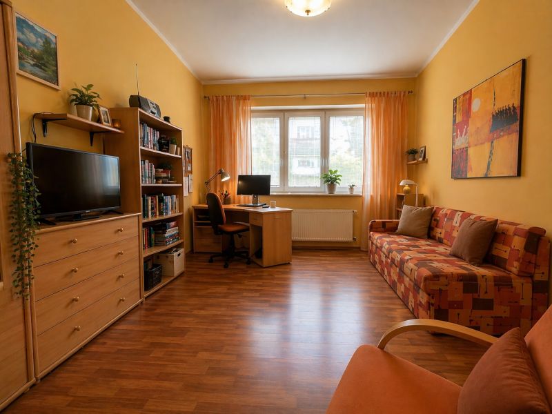 Living room with a sofa bed, wooden decor flooring, and a work corner.