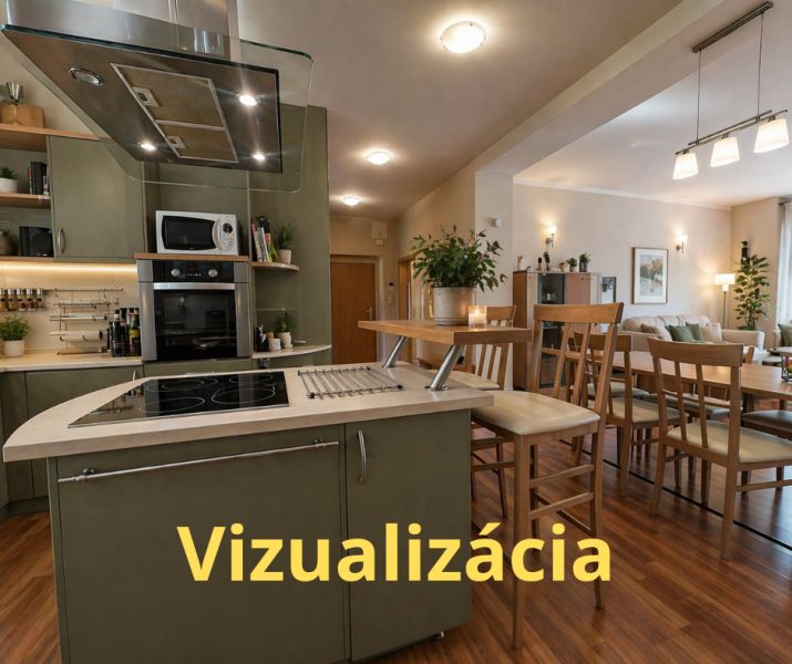 Open kitchen and living room with wood-patterned flooring in a 4-room apartment.