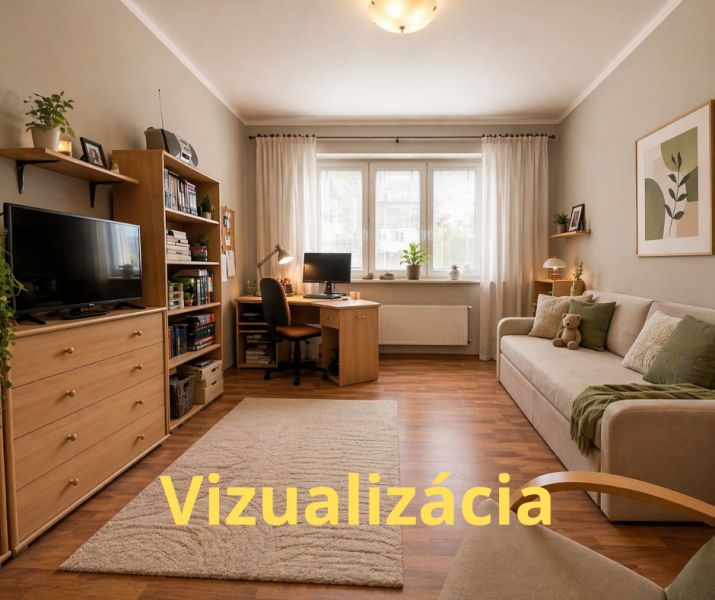 Living room in a 4-room apartment with a wooden decor floor and a comfortable sofa.