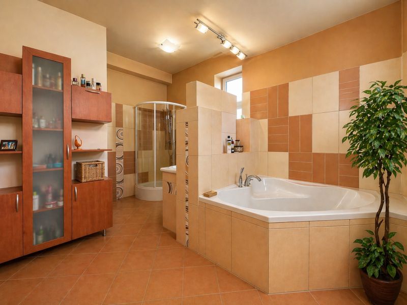 A bathroom with a shower, corner bathtub, and ceramics in a 4-room apartment.