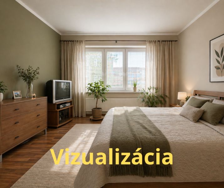 A bedroom with wood-decor flooring, a television, and a spacious bed in a 4-room apartment.