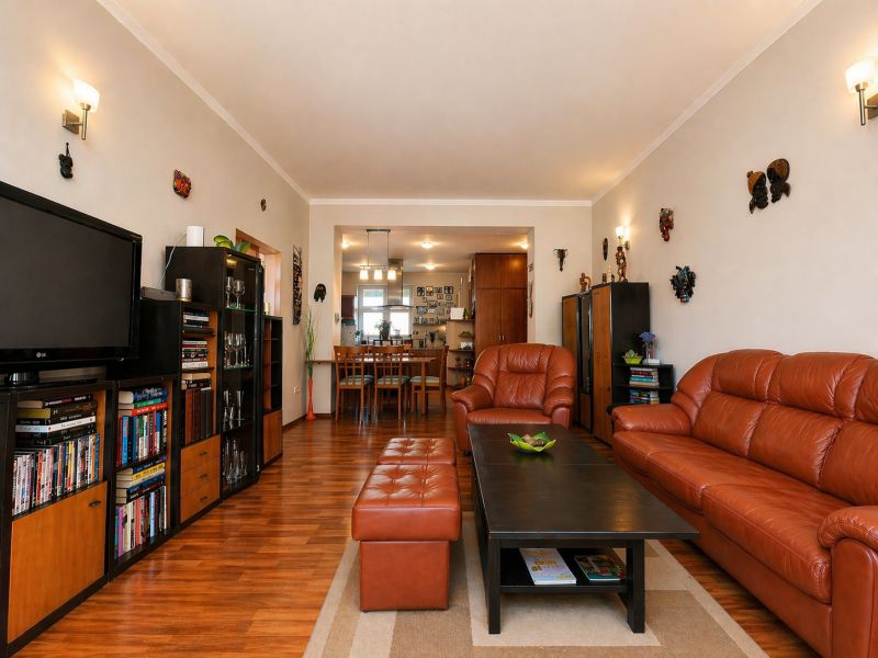 Living room in a 4-room apartment with a wooden decor floor and a brown sofa.