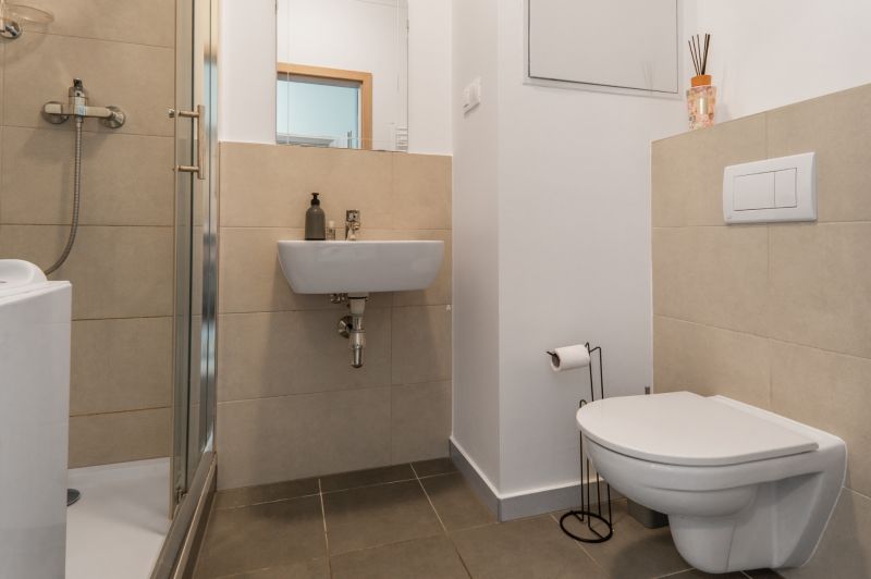 Bathroom with toilet and shower in a studio apartment.