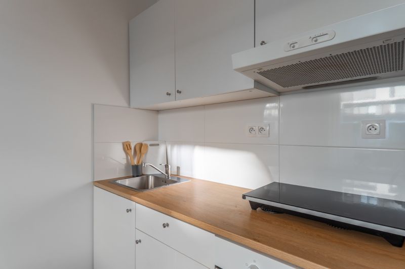 Kitchen corner with white cabinets, wooden decor, and stainless steel sink in a studio apartment.
