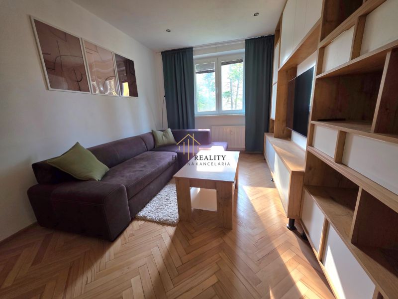 Living room in a two-room apartment with a comfortable sofa and a wooden decor floor.