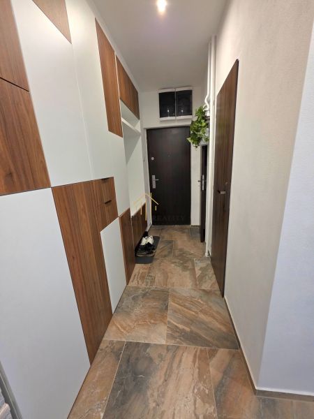 A hallway in a 2-room apartment with dark doors and a wooden decor floor.