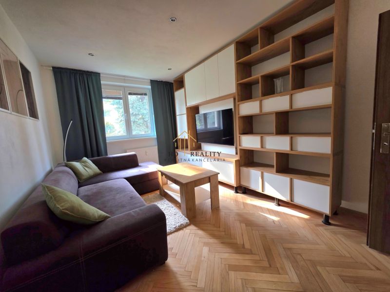 Living room in a 2-room apartment with a sofa, TV, and wooden decor flooring.