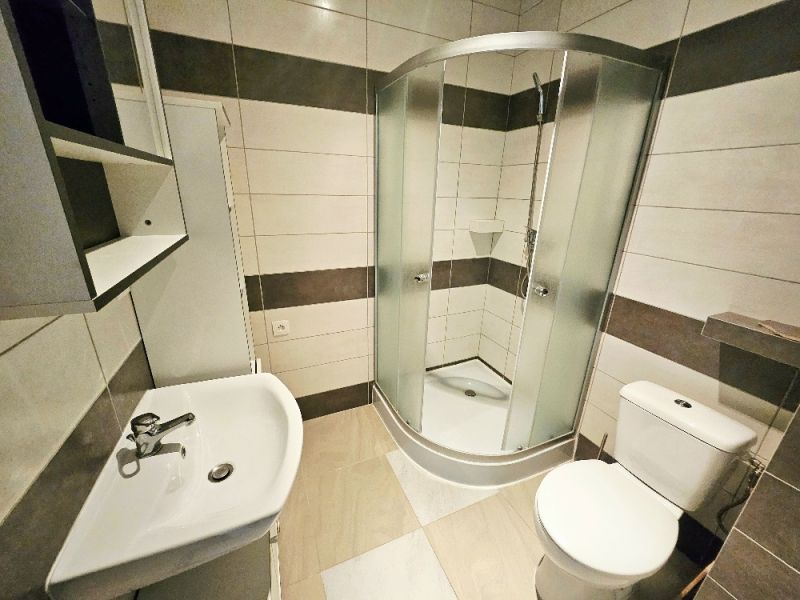 Bathroom in a studio apartment with a sink, shower, and toilet.