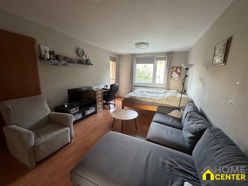 Living room of a 3-room apartment with a wooden decor floor, sofa, and desk.