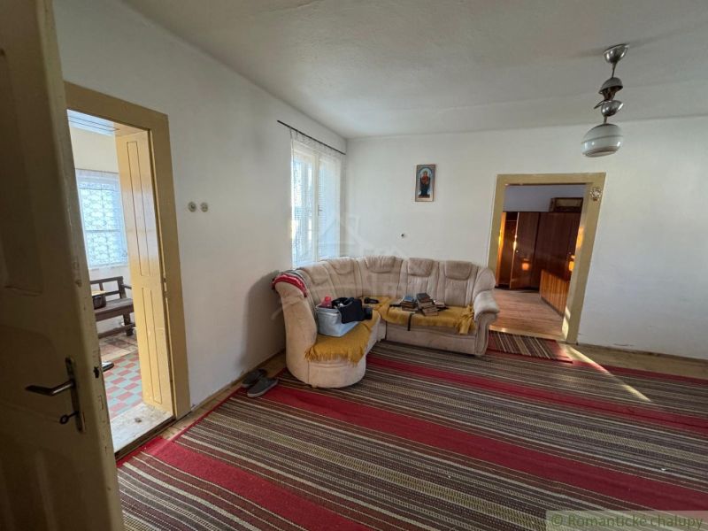 Family house with a carpet, beige sofa, doors, and a painting on the wall.