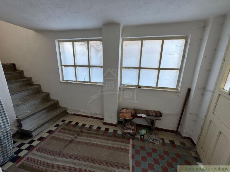 Interior of a family house with a staircase, carpet, and large windows.