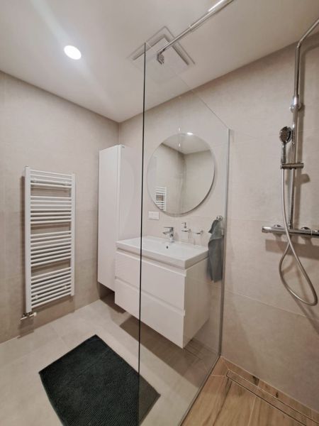 A bathroom in a 2-room apartment with a wooden decor floor, a shower corner, and a round mirror.