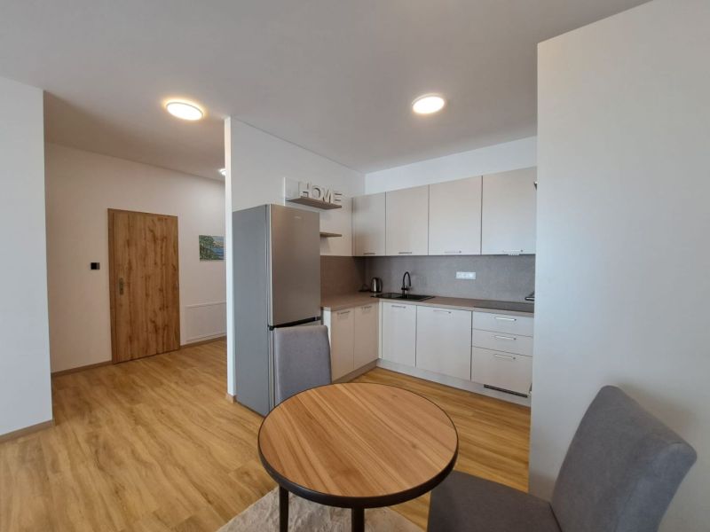 A kitchen in a 2-room apartment with a wooden decor floor and stylish cabinets.