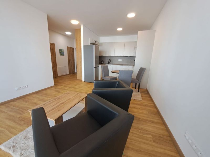 Living room in a two-room apartment with a wooden decor floor and stylish furniture.
