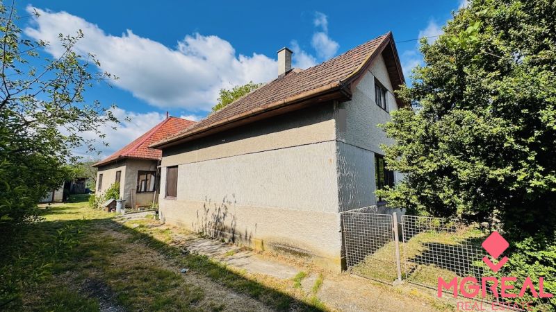 A family house in Pažiť surrounded by greenery, with a red roof and wooden windows.