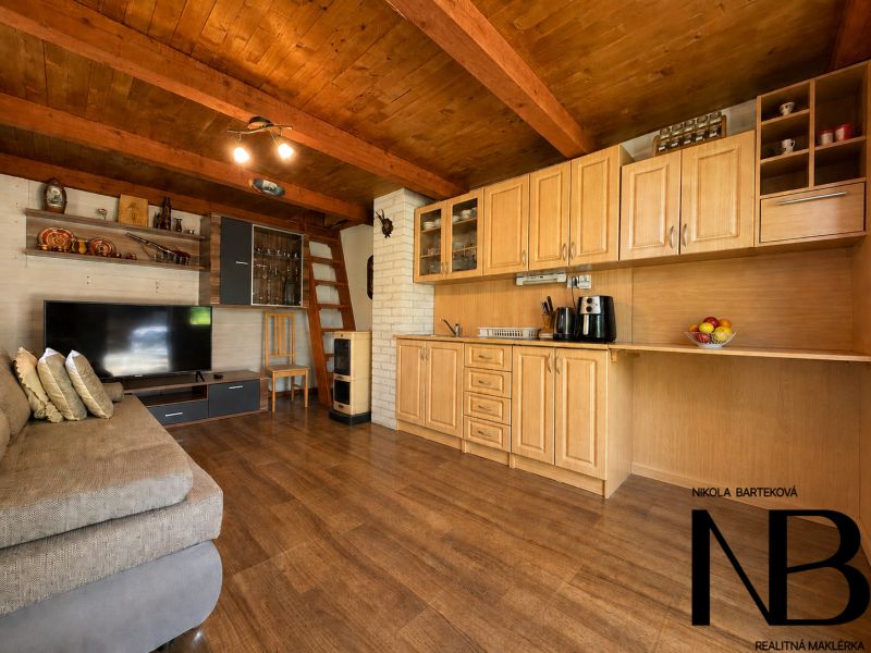 Interior of a cabin with a kitchen unit, wooden decor flooring, and a sofa.