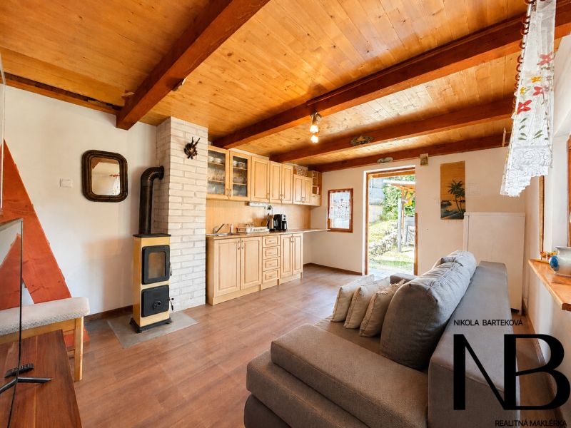 Interior of a cabin with a wooden decor floor, sofa, stove, and kitchen unit.