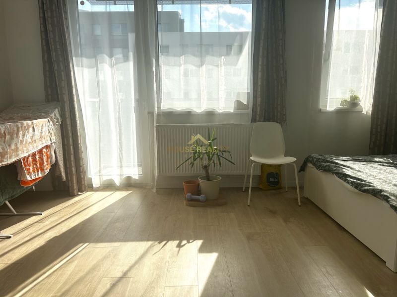 A bright room in a one-bedroom apartment with a wood-patterned floor and a plant.
