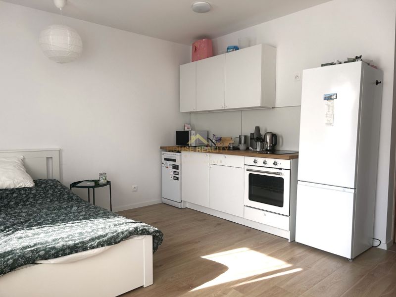 Compact kitchen with built-in appliances and a wooden decor floor in a studio apartment.