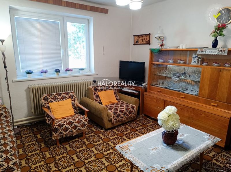 A living room in a family house with retro furniture and a patterned carpet.