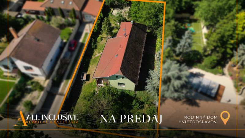 Aerial view of a family house in Hviezdoslavov surrounded by greenery and a garden.