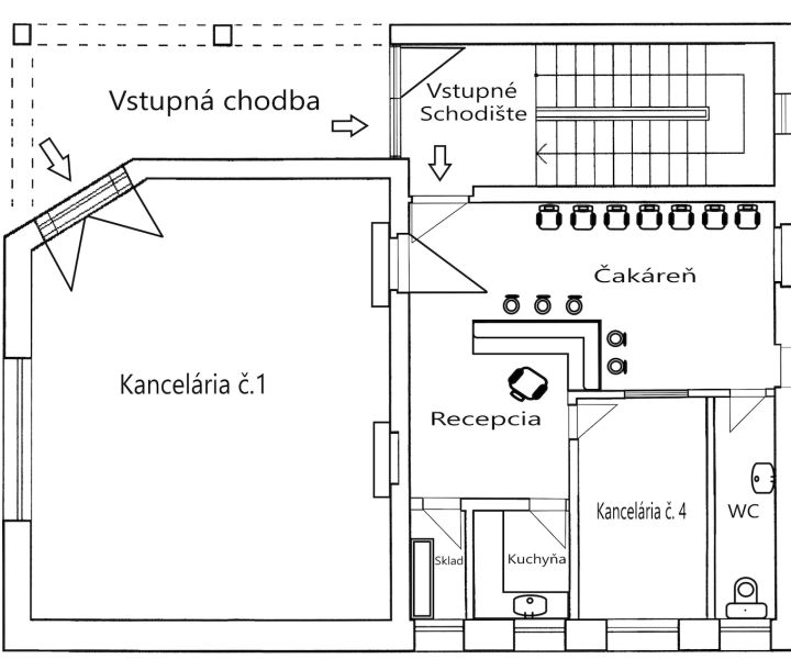 Floor plan of an office with a reception, waiting room, kitchen, and storage.