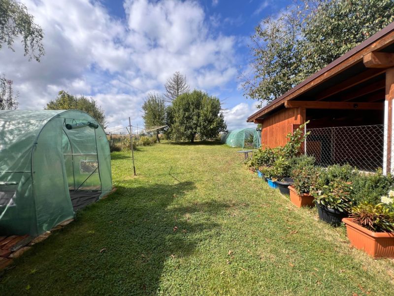 The garden of a family house in Bacúch with greenhouses and a gazebo surrounded by plants.