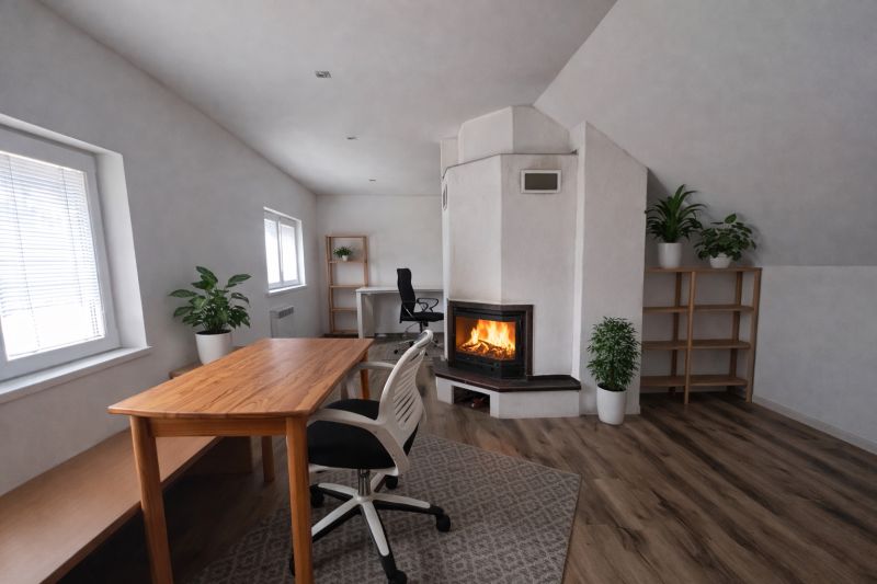A family house with a fireplace, a wooden table, and a floor with a wooden decor.